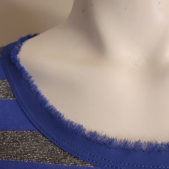 Calvin Klein Blue & Silver Striped Fringe Collar Tee Medium Fairycore Metallic - Picture 3 of 10